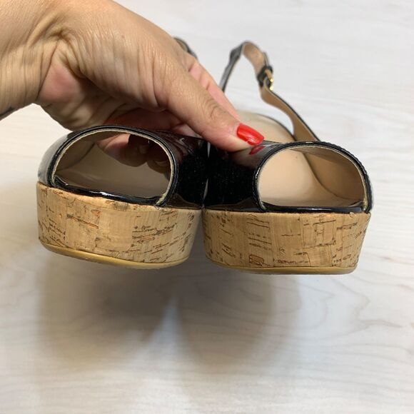 Stuart Weitzman Womens 11M Riveria Sandals Black Patent Leather Slingback Wedge - Picture 5 of 10